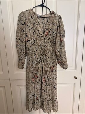 Beige Floral Ruched Long-Sleeve Midi Dress